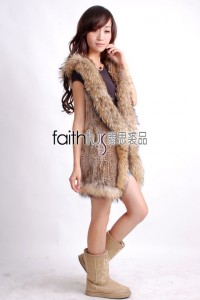 Hooded Rabbit Fur Knitted Vest with Racoon Fur trimed
