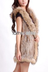 Hooded Rabbit Fur Knitted Vest with Racoon Fur trimed