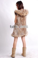 Hooded Rabbit Fur Knitted Vest with Racoon Fur trimed