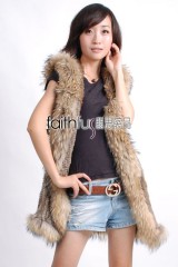 Hooded Rabbit Fur Knitted Vest with Racoon Fur trimed