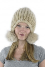 Women Winter Knitted Turtle Mink Hat with Fox Fur Pom Pom