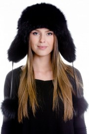 Real Fox Fur Leather Trapper Hat with Pom Pom