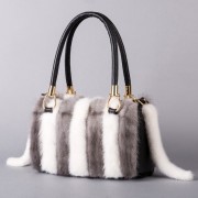 Real Mink Fur+Genuine Leather Women Shoulder Bag Tote Warm Handbags for Girls Ladies