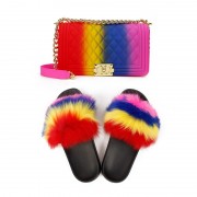 Womens Jelly Fur Slides and Purse Set PU Handbags Real Fox Fur Slides