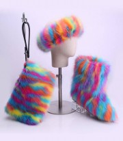 Faux Fur Women Snow Boots Bag Knee High Plush Shoes Ladies headband