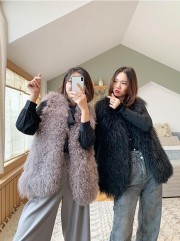 Thick Warm Mongolia Sheep Fur V neck Sexy Vest Oversize Winter Fur Coat