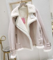 Women Rabbit Fur Lining Casual Sheepskin Jacket with Belts