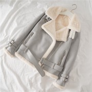 Women Rabbit Fur Lining Casual Sheepskin Jacket with Belts