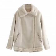 Women Rabbit Fur Lining Casual Sheepskin Jacket with Belts