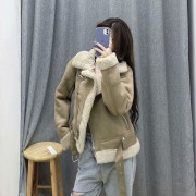 Women Rabbit Fur Lining Casual Sheepskin Jacket with Belts