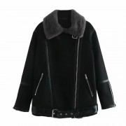 Women Rabbit Fur Lining Casual Sheepskin Jacket with Belts
