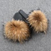 Womens Real Raccoon Fur Slides Extra Fluffy Slippers Furry Slides Multicolor
