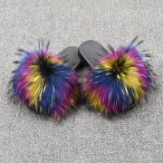 Womens Real Raccoon Fur Slides Extra Fluffy Slippers Furry Slides Multicolor