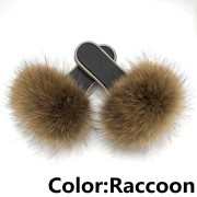 Glitter Black Sole Fox Fur slides Raccoon Fur Slippers Women