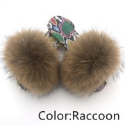 Dazzle Color Sole Fox Raccoon Fur Slides Fluffy Slippers